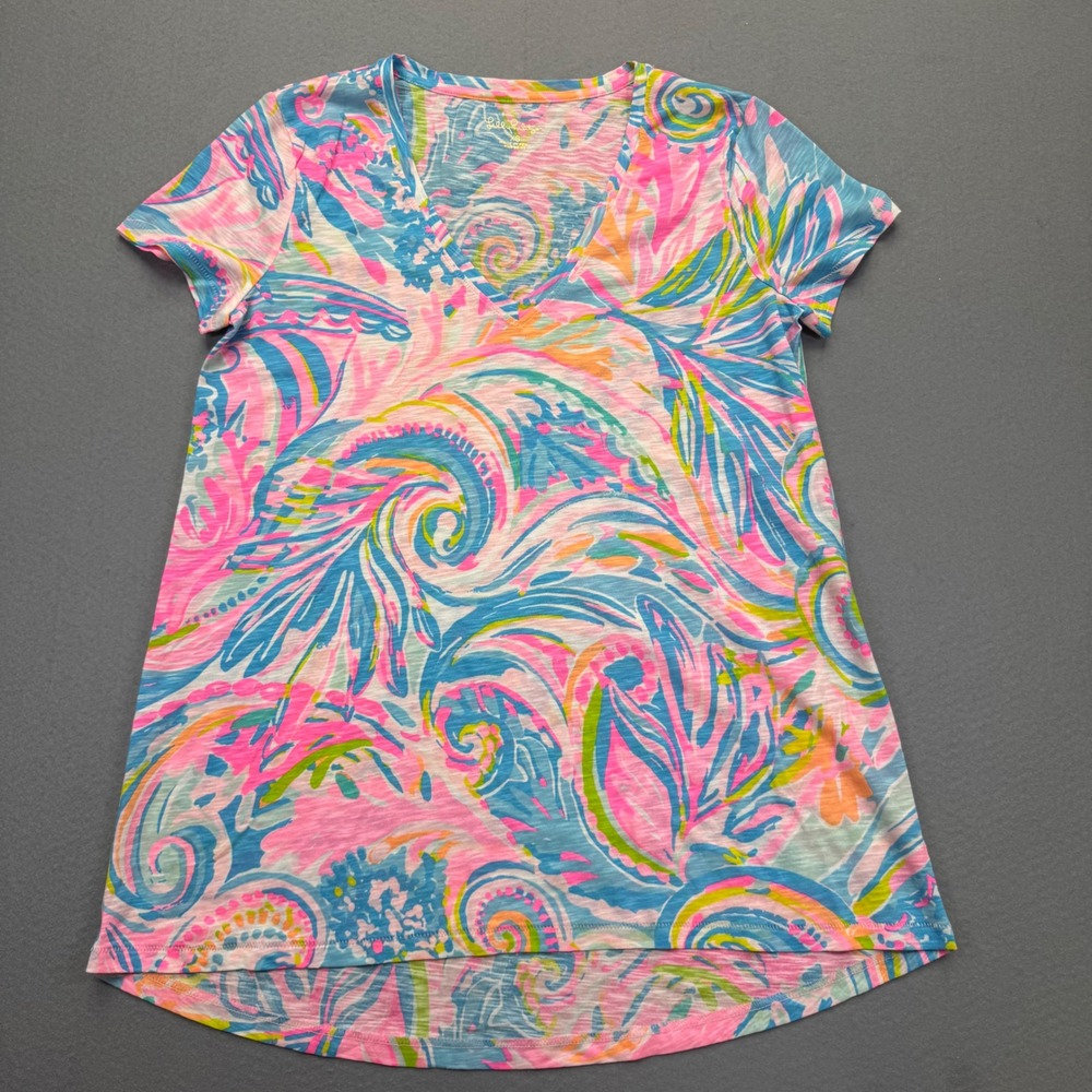 Lilly Pulitzer Etta V-Neck‎ T-Shirt XS Pink Blue Abstract Floral Slub Knit Peru